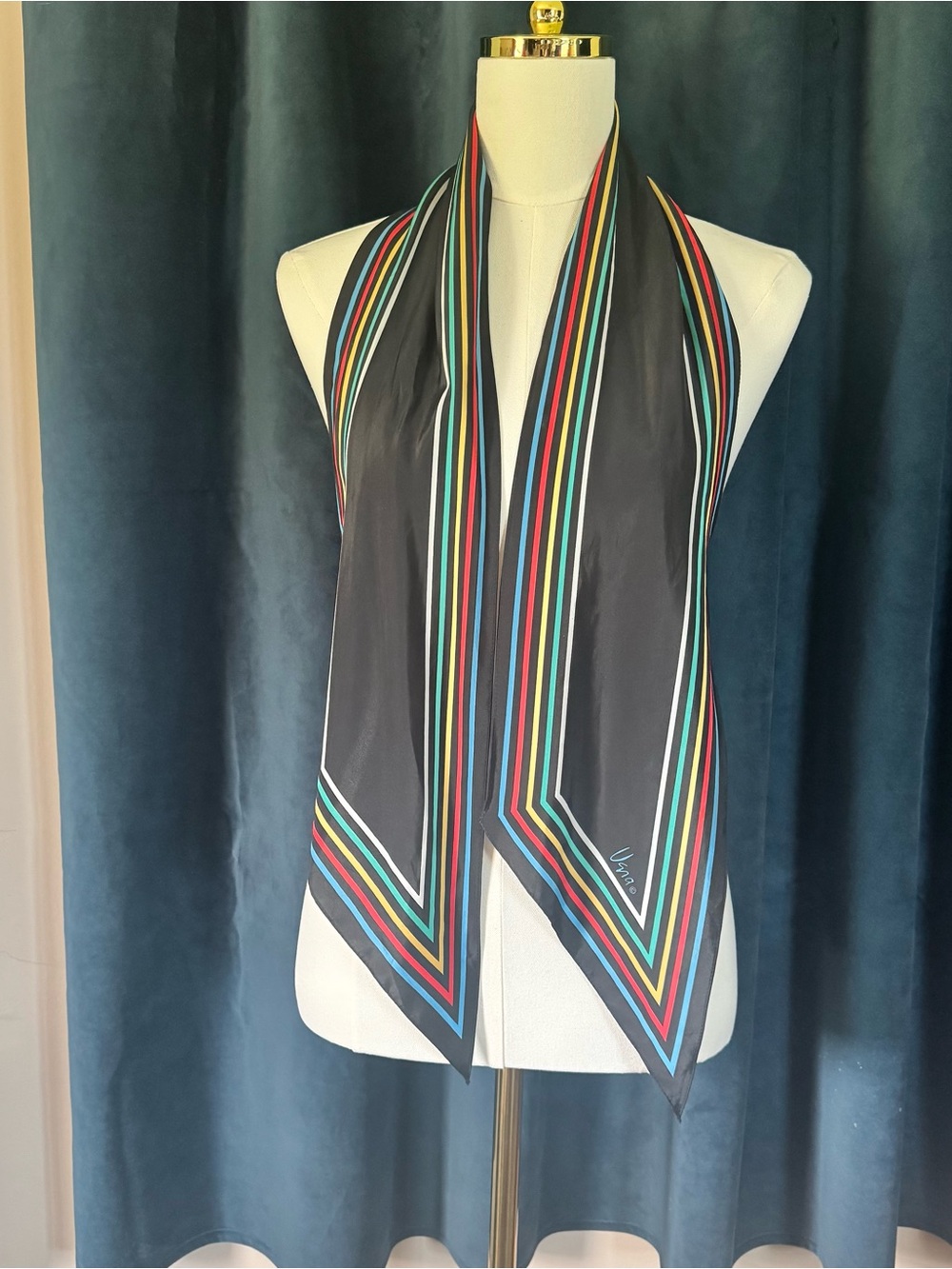 Vintage Vana Black Silk Scarf with Multicolor Stripes